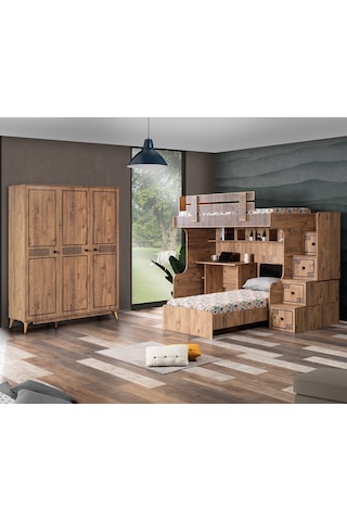 Setaymobilya Ranza, Natural Ranza Karyola Çalışma Masası Dolap+2 Comfort Yatak