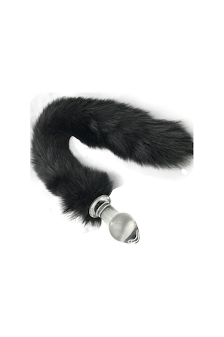 Erofoni Uzun 37 Cm Siyah Peluş Tüy Kuyruklu 9 Cm Kaliteli Kalın Cam Yapı Şeffaf Anal Gevşetici Alıştırıcı Plug