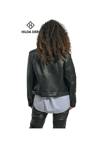 Hilda Deri Emery Biker Tarzı Siyah Oversize Hakiki Kuzu Derisi Kadın Ceket 001