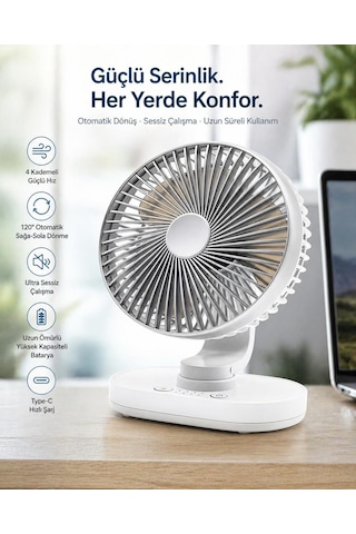 Masaüstü Vantilatör 120 Otomatik Döner Başlık 4 Kademeli Hız Sessiz Mini Fan, Taşınabilir, Uzun Süre Kullanım, Ofis & Ev İçin