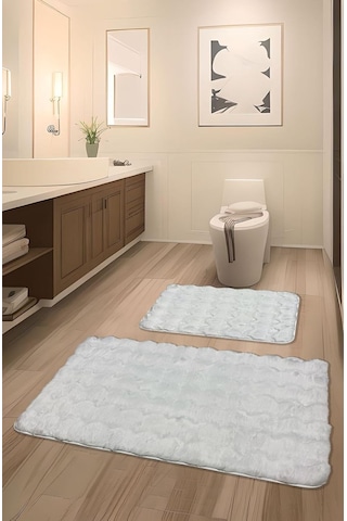 Bubble Tavşan Tüyü, Kaymaz Taban, Pofuduk, Ultra Lüks, Yıkanabilir 2'li Banyo Paspası Beyaz Çok Renkli