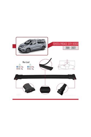 Toyota Proace City Verso 2019-2022 Arası İle Uyumlu Fly Model Ara Atkı Tavan Barı Siyah 3 Adet Bar