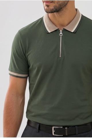 Tudors Erkek Slim Fit Dar Kesim %100 Pamuk Kısa Kollu Yarım Fermuarlı Yeşil Polo Yaka Tişört-50745