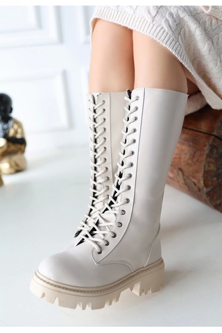 Uliza Bej Cilt Bağcıklı Kadın Çizme Bej