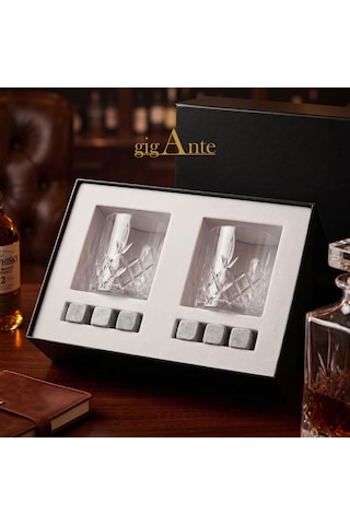 Gigante Deluxe Bohemia Kristal Viski Bardağı Seti, 320 Ml, 2 Bardak Ve 6 Mermer Viski Taşı, Kristal Kesim Desen, Hediye Kutusu Şeffaf