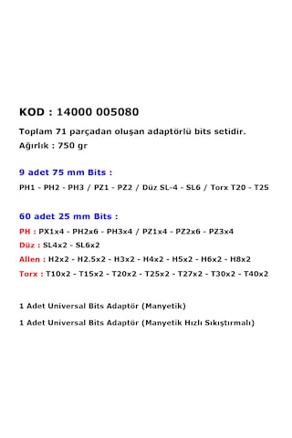Elta Adaptörlü Bits Uç Seti 71 Parça 14000005080