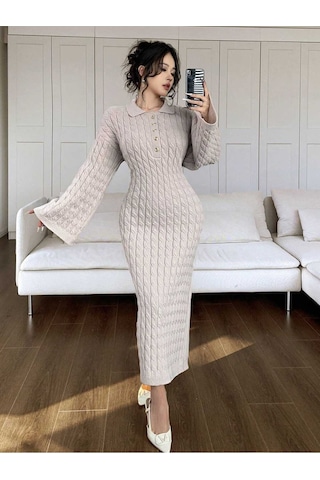 Sayzen Your Shine Gömlek Yaka Düğmeli Saç Örgülü Triko Elbise Sy-2515 Ekru