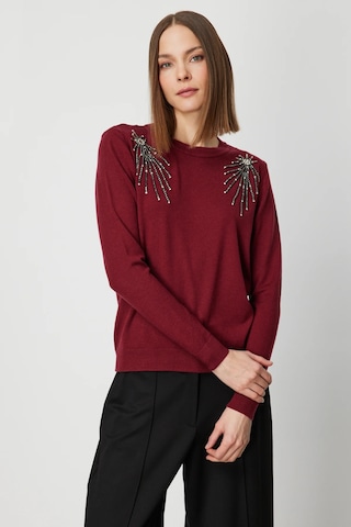 On Kadın Omzu Taş Detaylı Triko Kazak 63314 Bordo Bordo