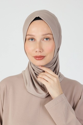 Butikgiz Kadın Gözlük Ve Kulaklık Girişli Boyun Kapatıcı Spor Rahat %100 Pamuklu Penye Tesettür Bone Koyu Bej