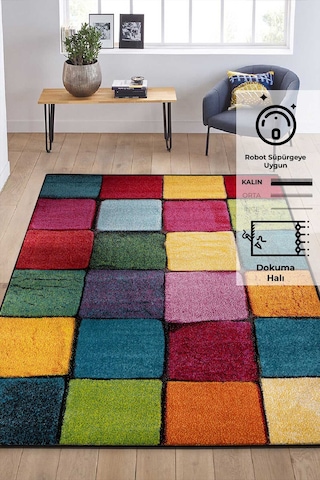 Konfor Halı Renkli Kare Duvar Taşı Modern Dokuma Halı