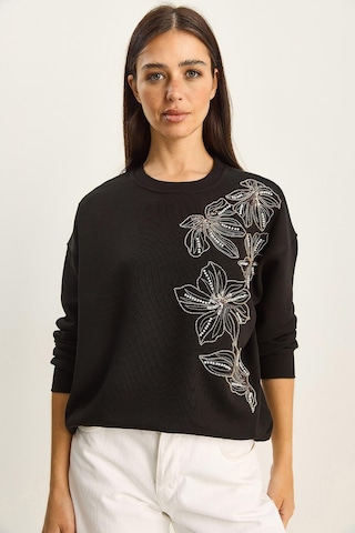 Shade Kadın Bisiklet Yaka Çiçek Boncuk İşlemeli Relaxed Sweatshirt 1572 60283809 - Siyah