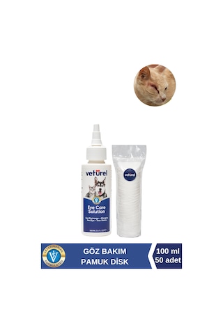 Veturel Kedi Göz Temizleme Solüsyonu Akıntı Alerji Kızarıklık Gözyaşı Lekesi 100ml Disk Pamuk 50li