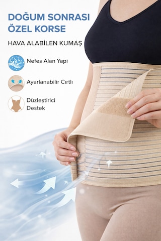 Beyaz Medikal Doğum Sonrası Özel Korse Abdominal Ayarlanabilir Cırtlı, Hava Alabilen Kumaş Bej