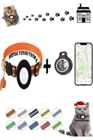 Teknetstore Takip Cihazı Ve Airtag Yuvalı Kedi Tasması 2'li Set Ios Uyumlu Boyun Tasması Gps Turuncu