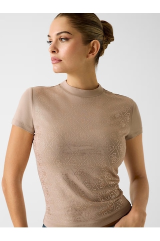 Guess W4bı26j1314 Ss Mock Neck All Ove Kadın Tişört Bej