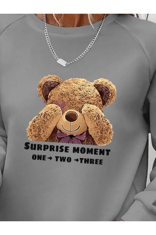 Ahes Shopping Kadın Uzun Kollu Bisiklet Yaka Ayıcık Desenli Viskon Iki Iplik Bluz Gri