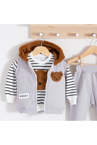 3-18 Ay Erkek Bebek Takımı Peluş Ayıcık Kapişon 3'lü Gri