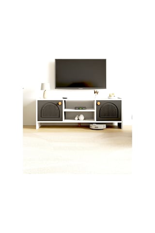 Molde Bohem Tv Sehpası Mdf Membran Kapaklı Raflı Tv Ünitesi Televizyon Sehpası Beyaz - Antrasit