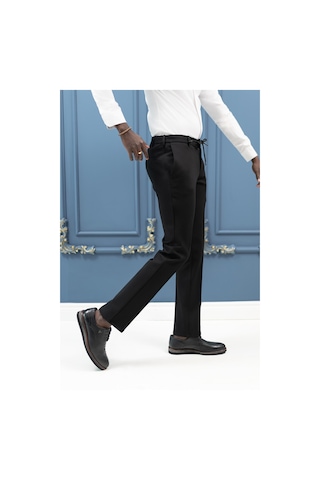 Ecer Regular Fit Armürlü Beli İplikli Astarsız Rayon Kışlık Kumaş Pantolon Siyah