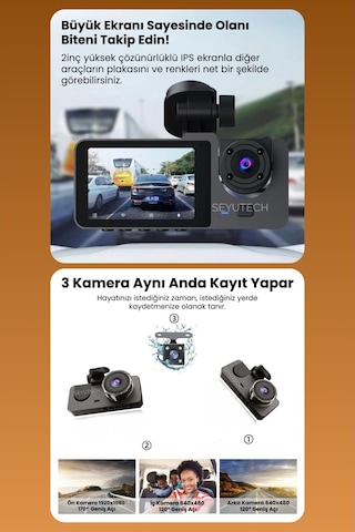 Harvox 3 Kameralı Wi-fi Özellikli Full Hd Araç İçi Kamera 1080p Gece Görüş, G-sensor Dashcam Y15