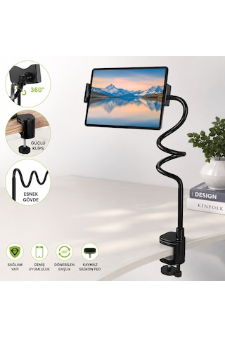 Samsung Galaxy Tab A11+ Plus X310 Uyumlu 360 Dönebilen Esnek Masa Kenarı Tablet Ve Telefon Tutucu Stand