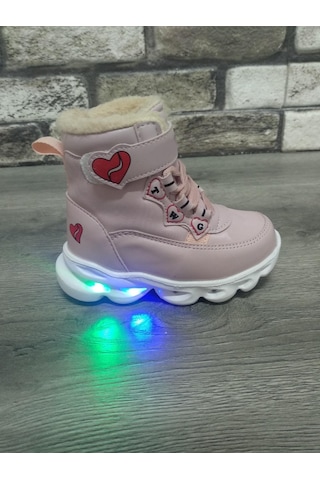 İçi Kürklü Kaydırmaz Kauçuk Taban Su Geçirmez Işıklı Çocuk Botu Pudra