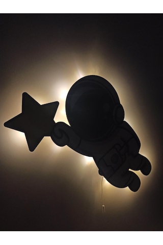 CajuArt Yıldız Astronot Ahşap Işıklı Çocuk Odası Duvar Tablosu