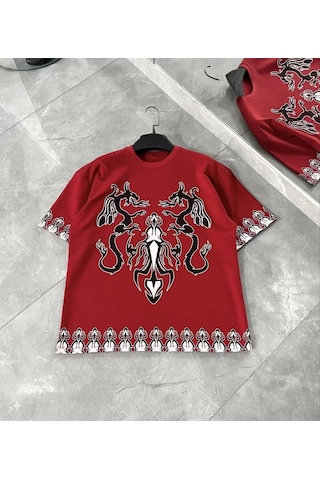 Unisex Bisiklet Yaka Baskılı Oversize T-shirt - Kırmızı 001 Unisex Bisiklet Yaka Baskılı Oversize T-shirt - Kırmızı 001