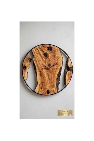 Niş Tasarım 48 Cm El Yapımı Doğal Zeytin Ağacı Epoksi Detaylı Dekoratif Duvar Saati Modern & Artizan Tasarım Kahverengi