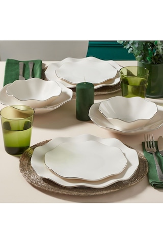 Güral Porselen Nesrin İki Mm Platin 30 Parça 6 Kişilik Bone Porselen Yemek Takımı Beyaz - Platin