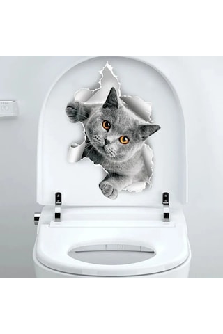Tenfowee Banyo Tuvaleti Koltuğu Dekoratif Sticker - Mavi Kedi Desenli, Su Geçirmez, Kir Bağlamaz, Kalıcı Pvc Materyal Gri