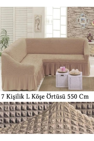 Upmall Bürümcük 7 Kişilik Köşe Koltuk, Kanepe Örtüsü, Koltuk Kılıfı, Lastikli, Etekli, L Köşe 550 Cm Taş Taş
