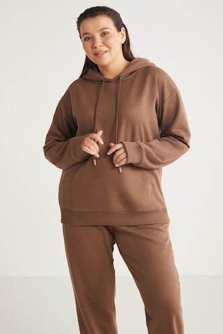 ETHIQUET TEREZABB Kadın Içi Polarlı Yumuşacık Comfort Fit Kapüşonlu Kanguru Cep Kahverengi Büyük Beden Sweatshirt