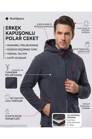 Luxıc Core Erkek Kapüşonlu Koyu Gri Polar 3 Cepli Fermuarlı Sıcak Tutan Kışlık Outdoor Hoodie Günlük Stilpro