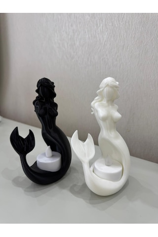 Deniz Kızı Tealight Mumluk 2 Li Siyah Beyaz Dekoratif Figür Ev Ofis Masaüstü Aksesuarı