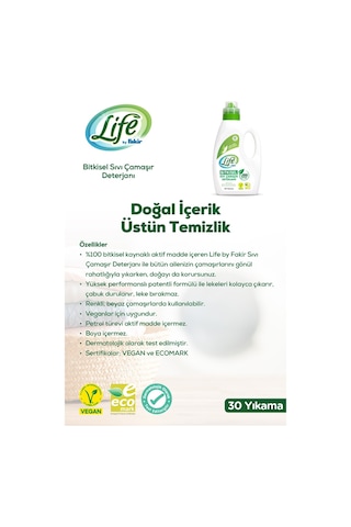 Life By Fakir %100 Bitkisel Vegan Sıvı Çamaşır Deterjanı Renkliler ve Beyazlar için 30 Yıkama 1500 ML