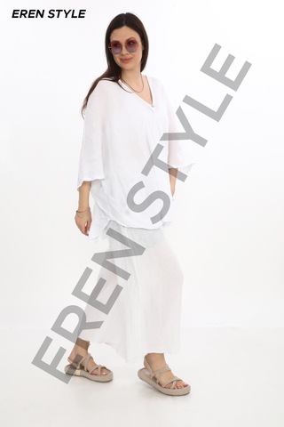 Bohem Kuruvaze Tek Düğmeli Keten Bluz-9884 Beyaz