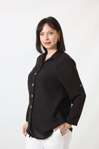 Moda Berray Sb-077 Siyah Pamuk Keten Kolu Apoletli İki Cepli Kadın Büyük Beden Gömlek Siyah