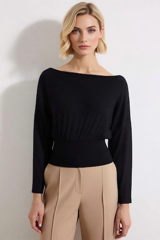 Benerly Kadın Örme Bluz Kayık Yaka Uzun Kol Fitted Kalıp Peplum Bel Detay siyah