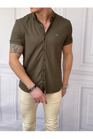 Modefendi Slim Fit Pamuk Örme Polo Yaka Kısa Kollu Gömlek Haki