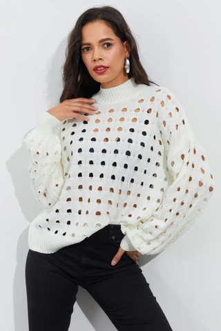 Kadın Ekru Ajurlu Triko Kazak-ekru Ekru