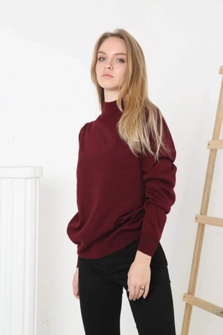 Yarım Boğaz Triko Kazak Yumuşak Dokulu Pamuklu Ince Dokuma, Uzun Kollu Rahat Regular Kalıp - Bordo Bordo