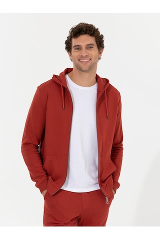 Kiremit %100 Pamuk Tam Fermuarlı Kapüşonlu Sweatshirt Kırmızı