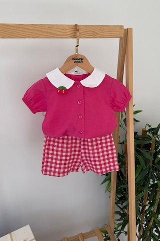Miniğimin Cicileri Ekose Şortlu Meyve Örgü Desenli Kız Çocuk 2 Li Takım - Pembe Pembe-79412