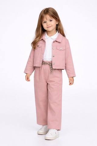Harika Kids Kız Çocuk Gabardin Ceketli Takım Düğmeli Dokuma Gömlekli, Beli Lastikli Kemerli Pantolon 2-5 Yaş Pudra