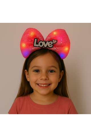 Led Işıklı Love Yazılı Fuşya Fiyonk Taç - Kız Çocuk Parti Tacı Çok Renkli