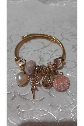 Uzel Çelik Bileklik Sarı Gold Model Incili Deniz Kabuğu Pembe