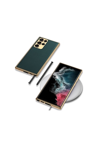 Galaxy S23 Ultra Kılıf Deri Görünümlü Kenarları Elektroplating Kaplama Zore Fizyon Kapak Kırmızı