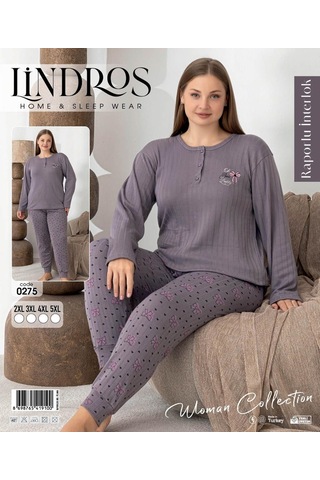 Boyraz Lindros Kadın Düğme Yaka Raporlu İnterlok Kışlık Battal Pijama Takımı 0275 - 1 Adet Füme