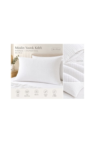 2 Kat Müslin Yastık Kılıfı 50x70 Cm Kapaklı Model %100 Pamuk Beyaz Beyaz